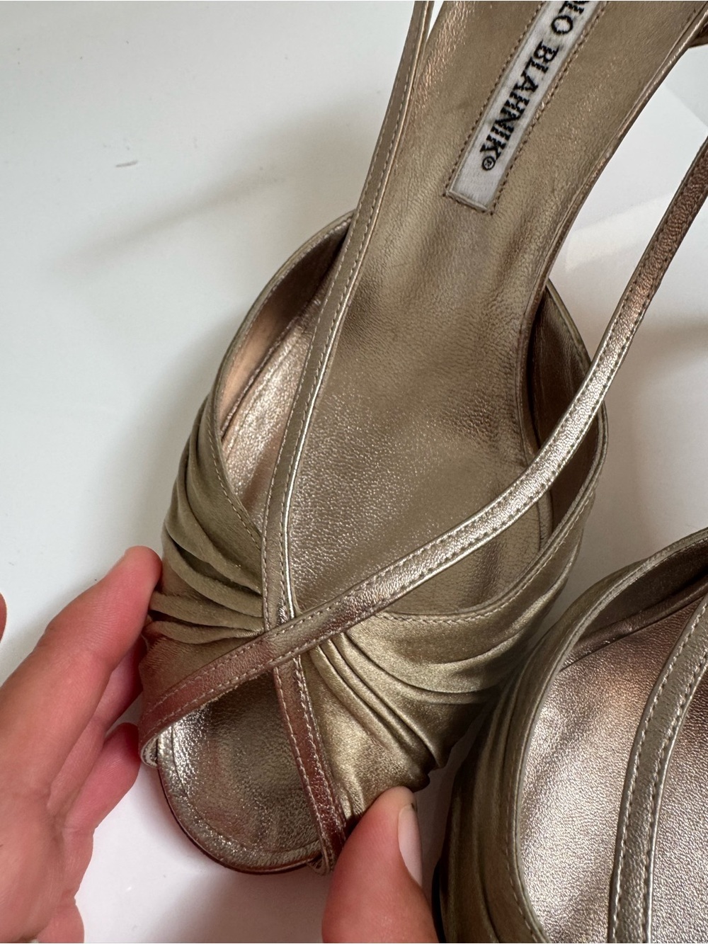 Manolo Blahnik Vintage Y2K Metallic Gold Slingback Peep-Toe Heels - Picture 3 of 11
